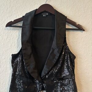 Forever 21 Black Sequin Vest with Satin Collar